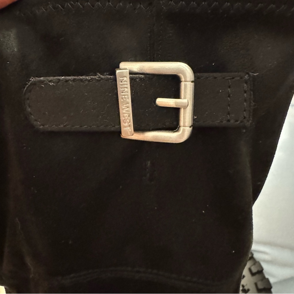 Nine West small heel Black knee high Boots with Silver Buckle